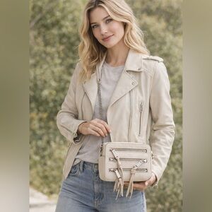 Rebecca Minkoff 4 Zip Moto Camera Bag Leather Crossbody Putty color